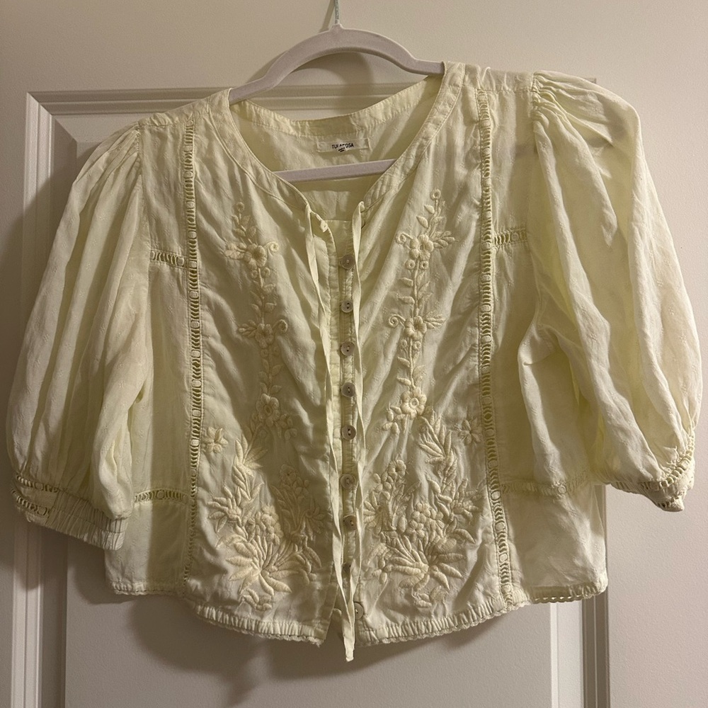 Tularosa Pale Yellow Embroidered Cotton Peasant Top